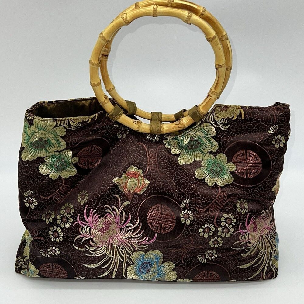 Wei East Brown Brocade w/Multicolored Asian Floral Satin Purse Bamboo Handles